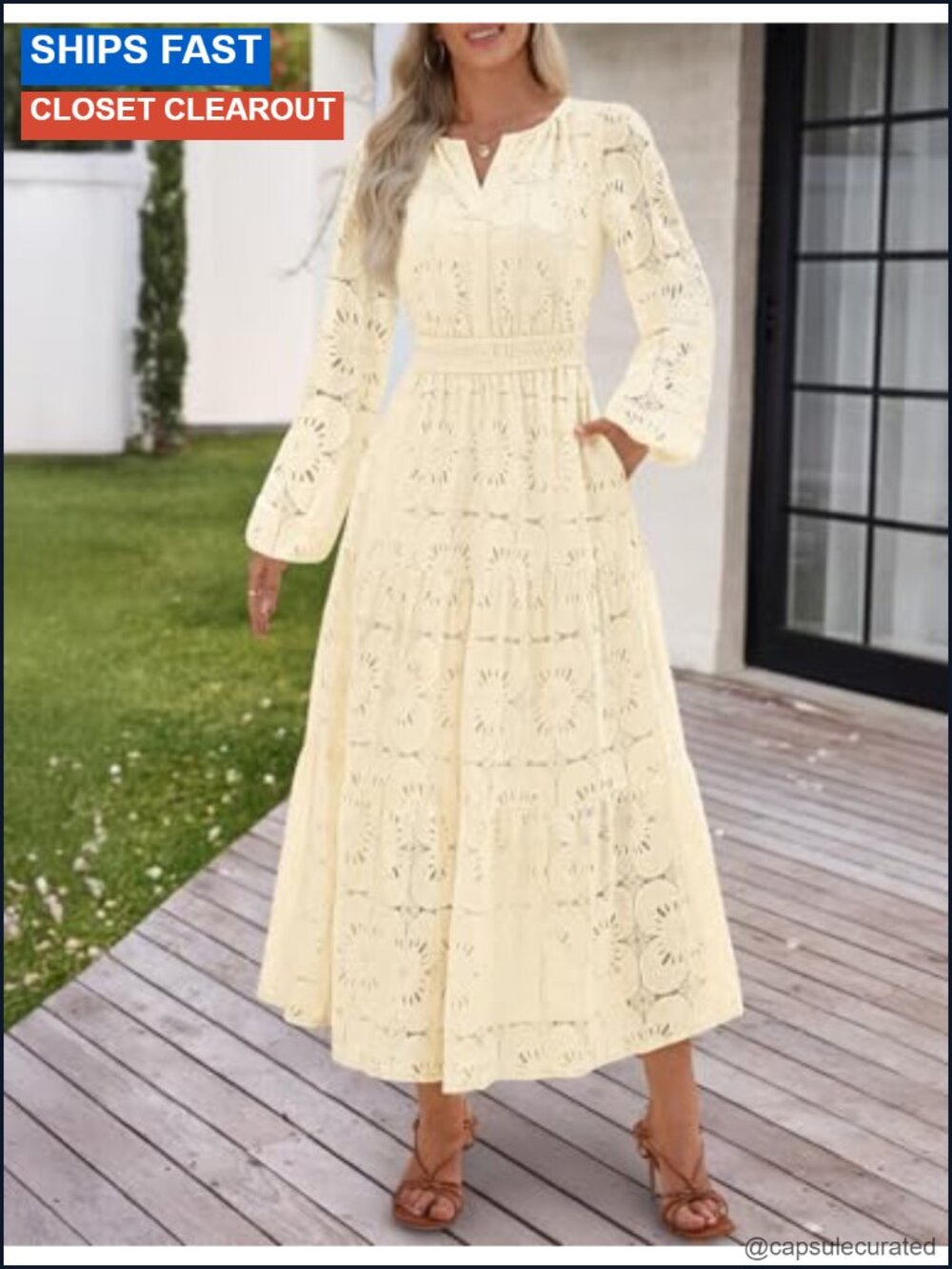 Elegant Long Sleeve Floral Eyelet Lace Maxi Dress with Pockets - Picture 2 of 6